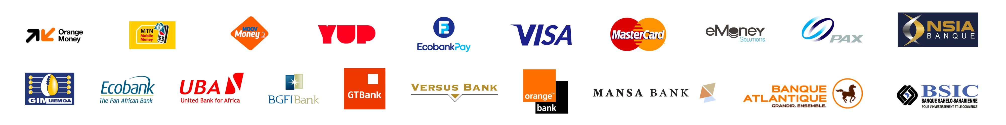 ORANGE MONEY COTE D'IVOIRE, MTN MOMO MFS, PAX, eMONEY, VISA, Mastercard; BGFI BANK, GT BANK, MANSA BANK BACI BSIC NSIA, UBA